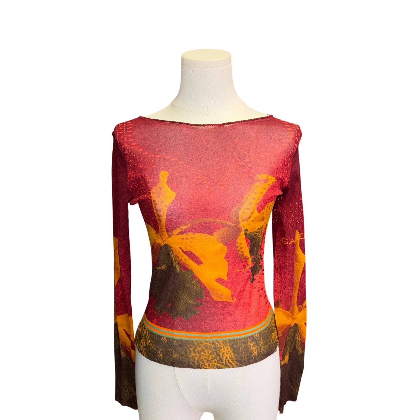 Ipse Gazebo Vintage 90s Mesh Top Orchid Floral Abstract Graphic Red Long Sleeve